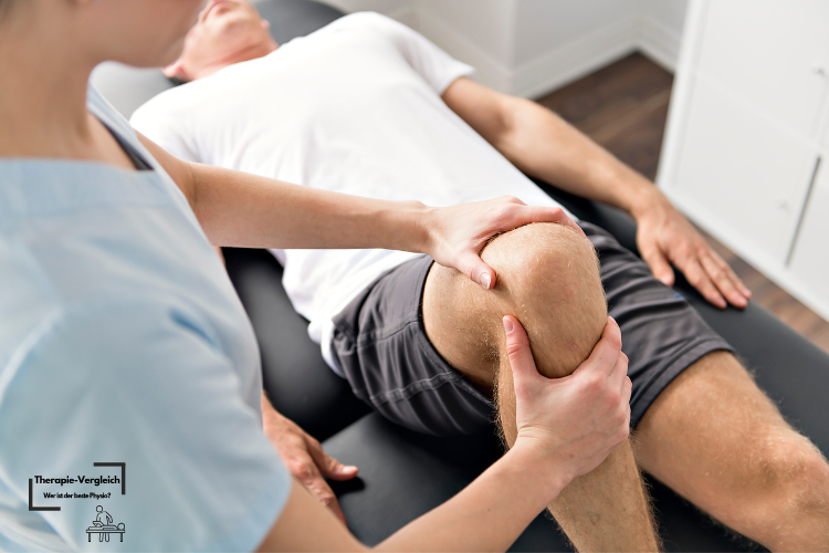 Die Physiotherapeutin mobilisiert das Knie des Patienten, um mehr Bewegung zu bekommen.