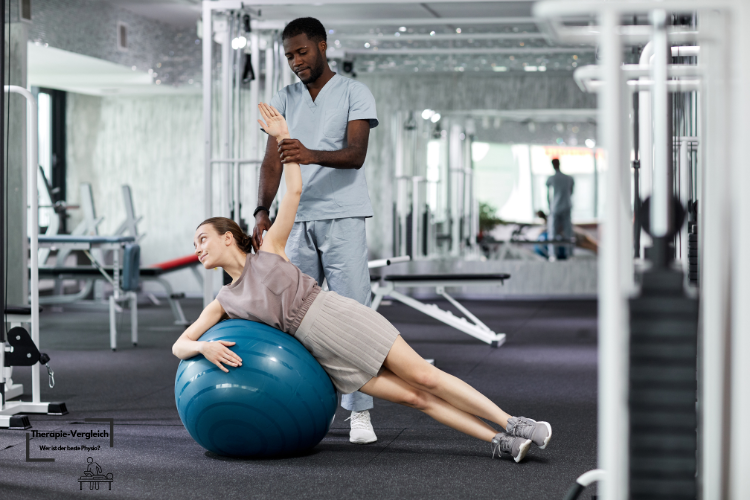 Durch eine Verbesserung der Kraft und der Beweglichkeit hilft der Physiotherapeut/ die Physiotherapeutin ihren Patienten. Trainings an Trainingsgeräten ist dabei üblich.